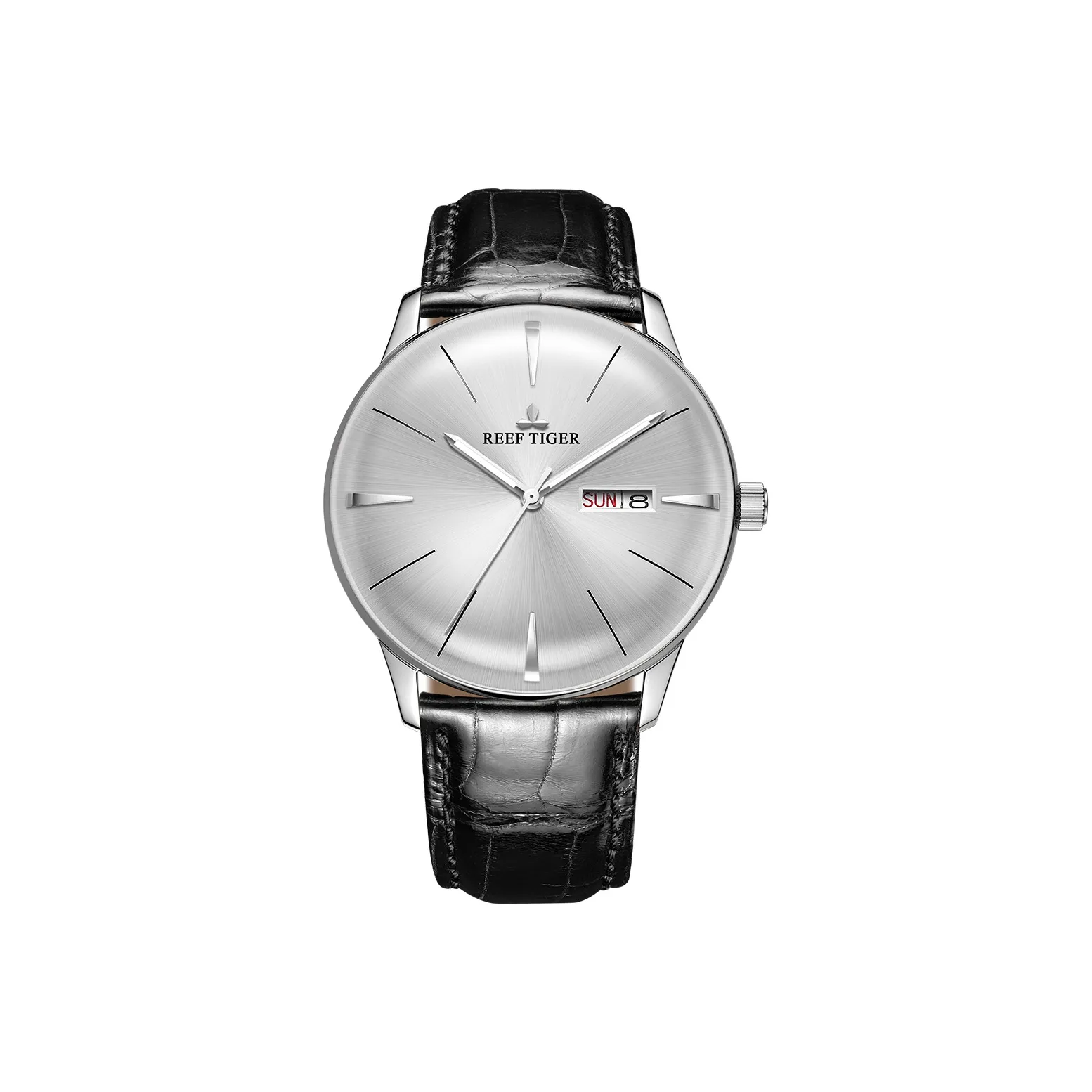 REEF TIGER Classic Collection Automatic Mechanical Movement Genuine Leather Strap Watch Men's Watches White Dial