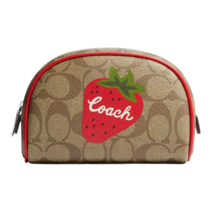 COACH Dome Leather Handheld Makeup Bag Trumpets Women's Red & Brown
