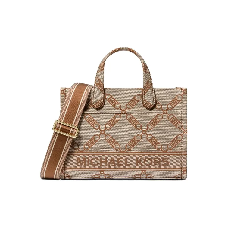 MICHAEL KORS Gigi Fabric Tote Bag Shopping Bag Shoulder Bag Handbag Small Size Women's Beige & Leather Brown