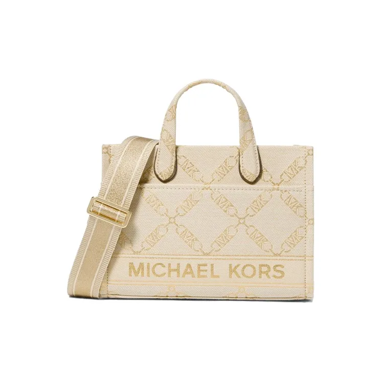 MICHAEL KORS Gigi Fabric Tote Bag, Shopping Bag, Handbag, Crossbody Bag Trumpets Women's Beige & Gold