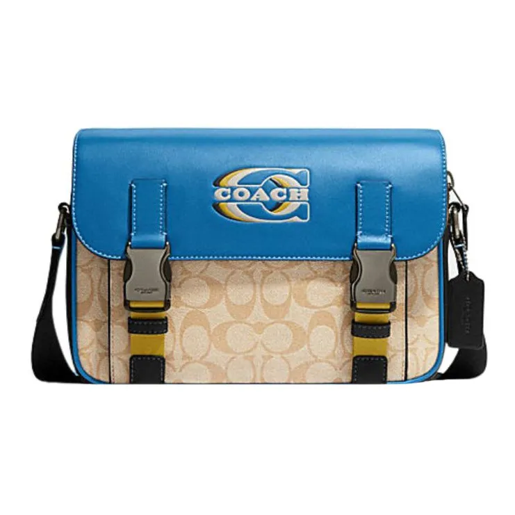 COACH Track Cow Leather Shoulder Bag, Crossbody Bag Regular Men's Blue Beige