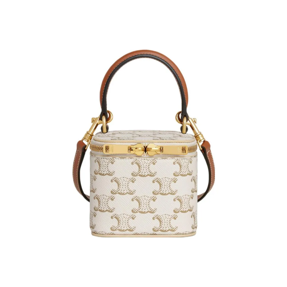 CELINE Triomphe Calfskin Trim Box Bag, Shoulder Bag, Crossbody Bag, Handbag Mini Women's White/Tawny