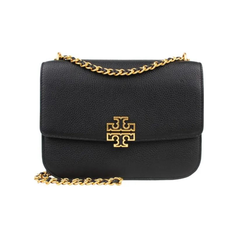TORY BURCH Britten Lychee Surface Cow Leather Shoulder Bag, Crossbody Bag Medium Size Women's Black & Black Gold