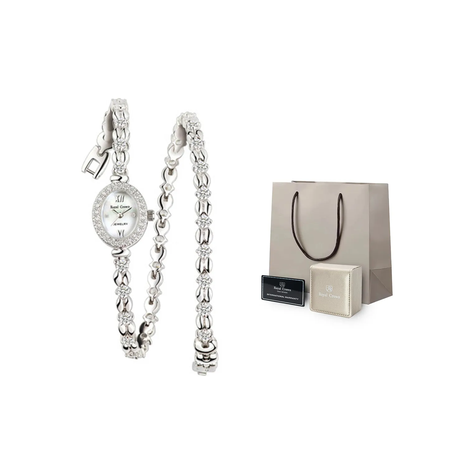 ROYAL CROWN RC Кварцевый механизм ремешок из нержавеющей стали женские часы белый циферблат