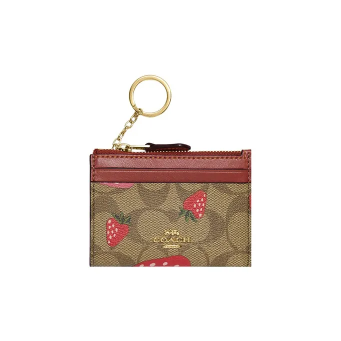 COACH Skinny Wallet Canvas With Leather Wallet, Card Holder Mini Women's Brown & Red