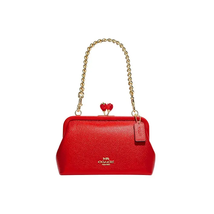 COACH Kisslock Pebbled Leather Portable Crossbody Bag, Shoulder Bag Women's Cherry Red