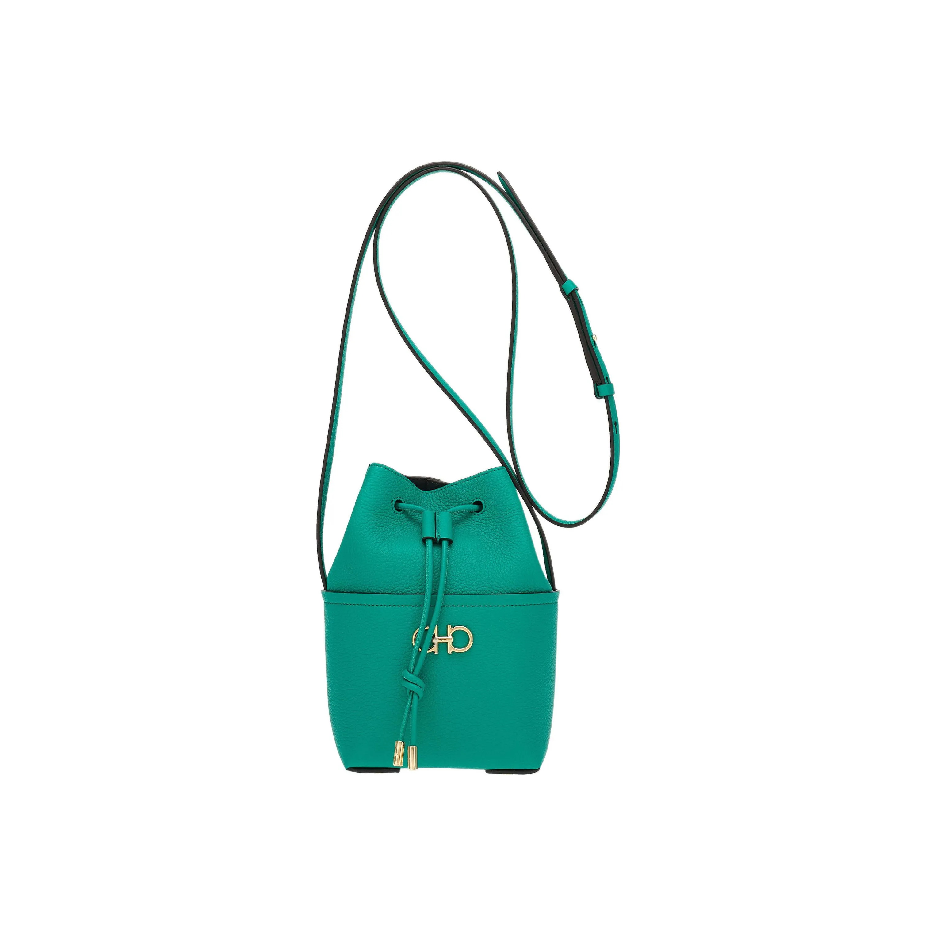 FERRAGAMO GANCINI Hammered Texture Calfskin Bucket Bag, Shoulder Bag, Crossbody Bag Mini Women's Emerald Green