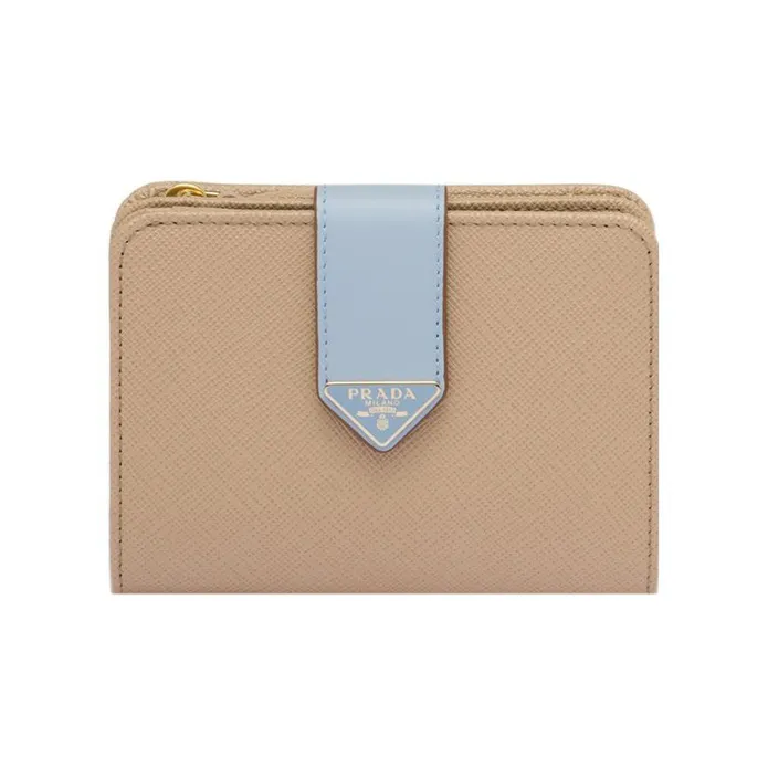 PRADA Saffiano Leather Wallet Trumpets Women's Sand/Light Blue