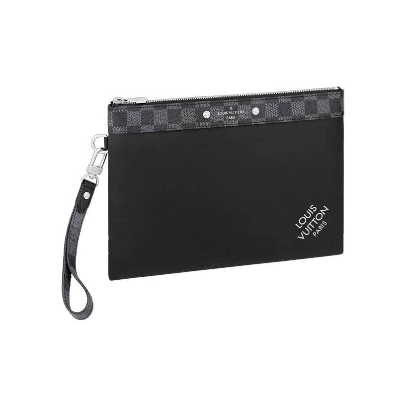 Porte-documents Louis Vuitton Porte documents Voyage en toile damier grise et cuir noir Cow Leather With Graphite Chessboard Canvas Clutch Regular Men's Black