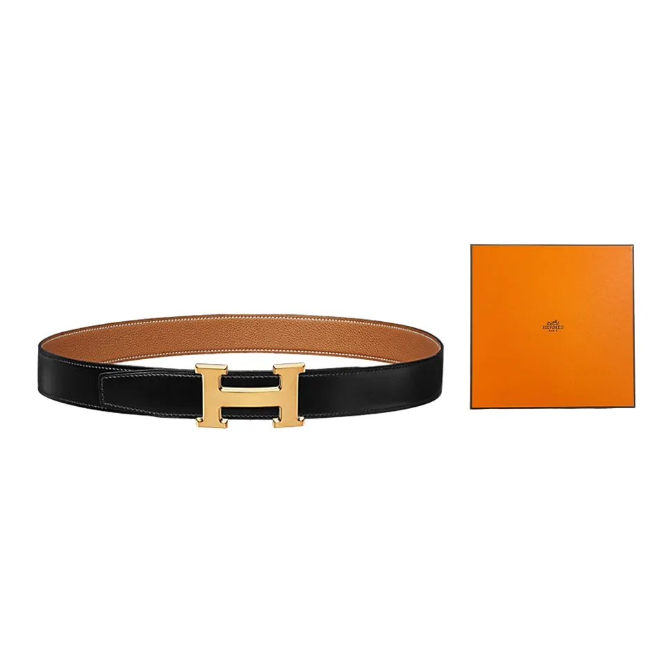 HERMES Cow Leather Belts Men's Black/Gold Width 3.2cm