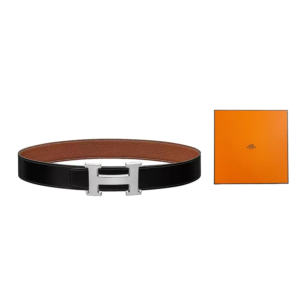 HERMES Classic Matte H Logo Silver Buckle Togo Calfskin Double-Sided Leather Belt Men's Black Brown Width: 3.2cm