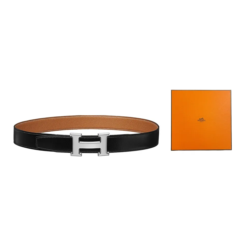 HERMES Constance Cow Leather Belts Men's Black/Gold Width 3.2cm