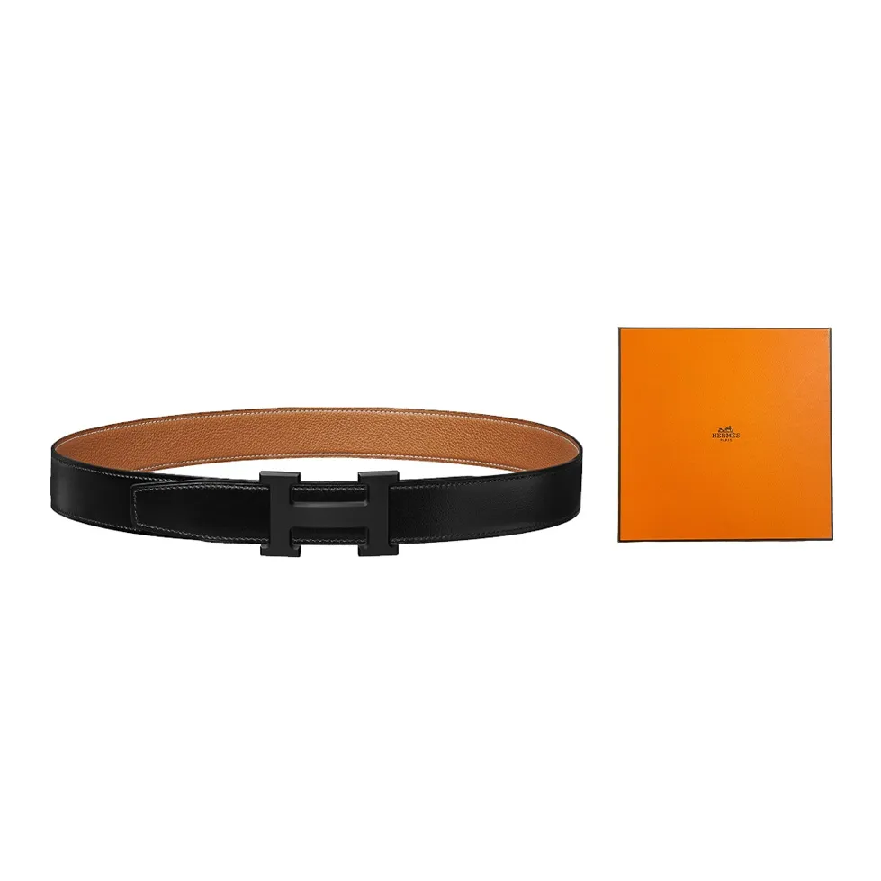 HERMES Constance Frosted Black Buckle Togo Calfskin Double Sided Leather Belt Men's Black/Gold Width 3.2cm