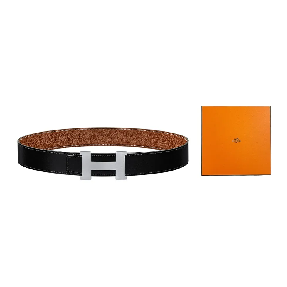 HERMES Constance Leather Belts Unisex Black Gold/Black Brown Box