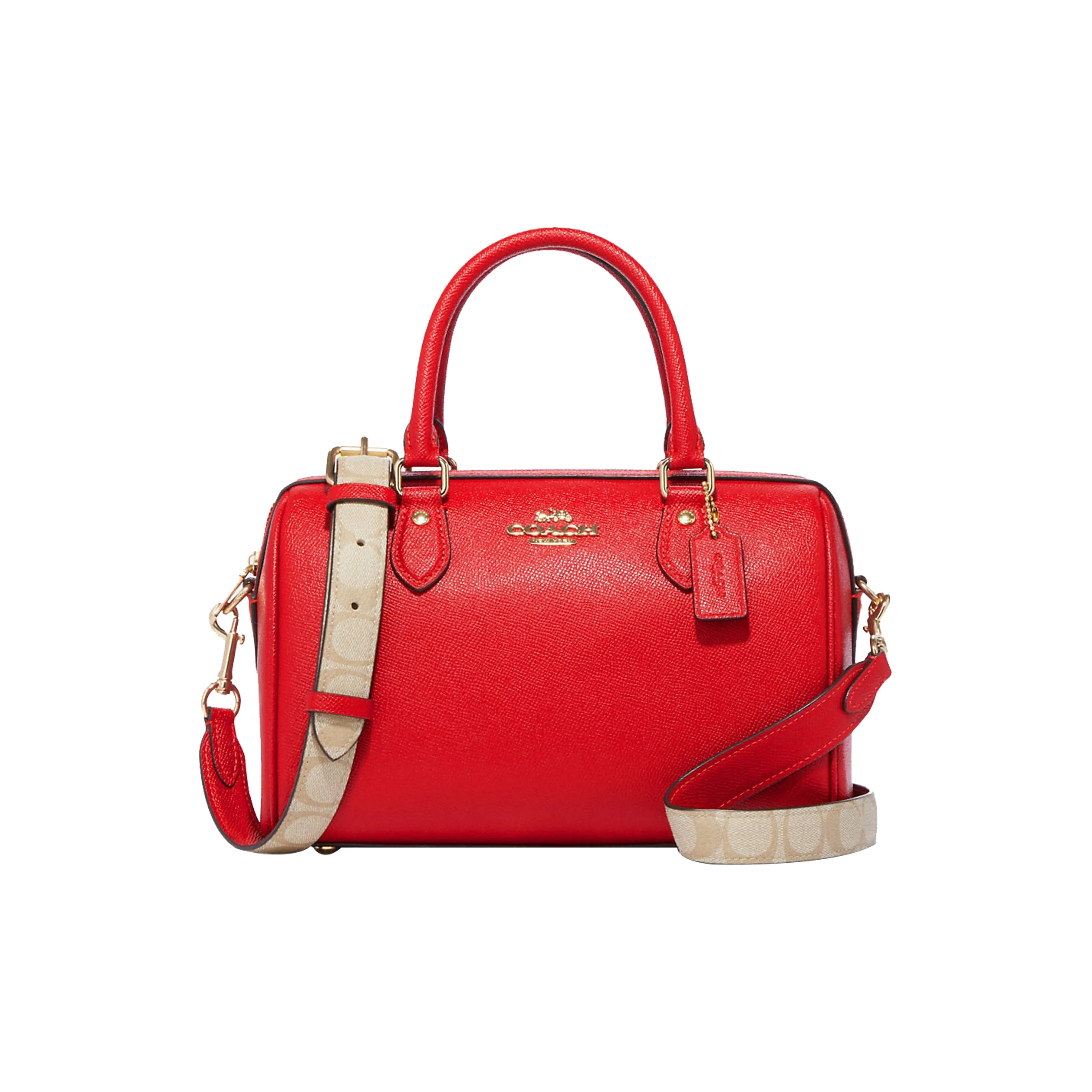 COACH Cross Grain Leather With Coated Canvas Boston Bag, Handbag, Shoulder Bag, Crossbody Bag Medium Size Women's Red