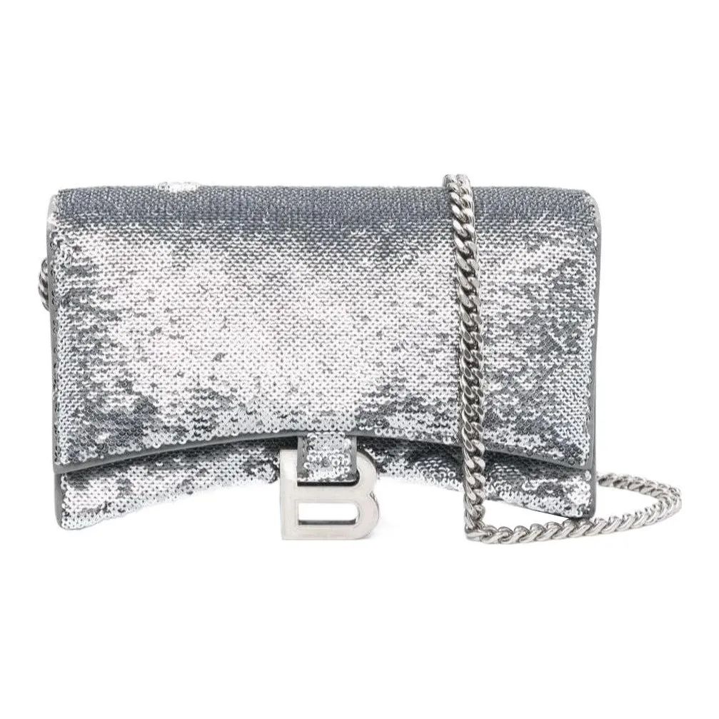 Balenciaga Hourglass Sheepskin Hourglass Bag, One Shoulder Crossbody, Chain Strap Wallet Women's Silver
