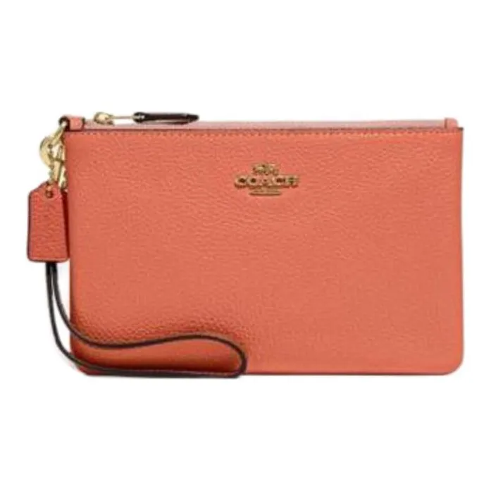 COACH Wristlet Pebbled Leather Wallet Card Holder Clutch Medium Size Women's Light Coral