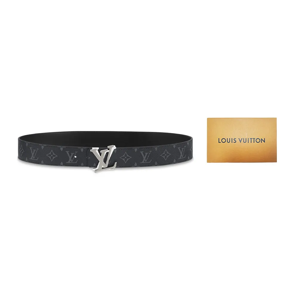 LOUIS VUITTON Double Sided Silver Logo Smooth Buckle Cow Leather Canvas Leather Belts Men's Black Width 4cm