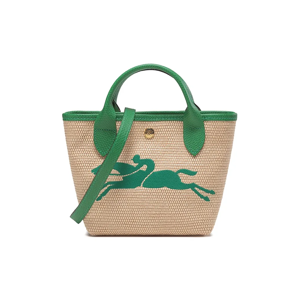 LONGCHAMP Straw Woven Linen With Cow Leather Dumpling Bag, One Shoulder Handbag Mini Women's Khaki & Green