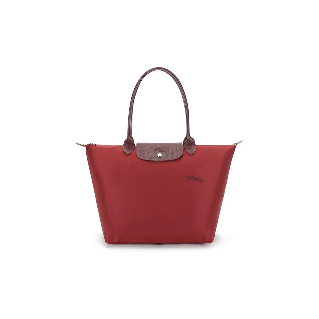 LONGCHAMP Le Pliage Green Recycled Canvas With Leather Trim Tote Handbag, Shoulder Bag Women's Red