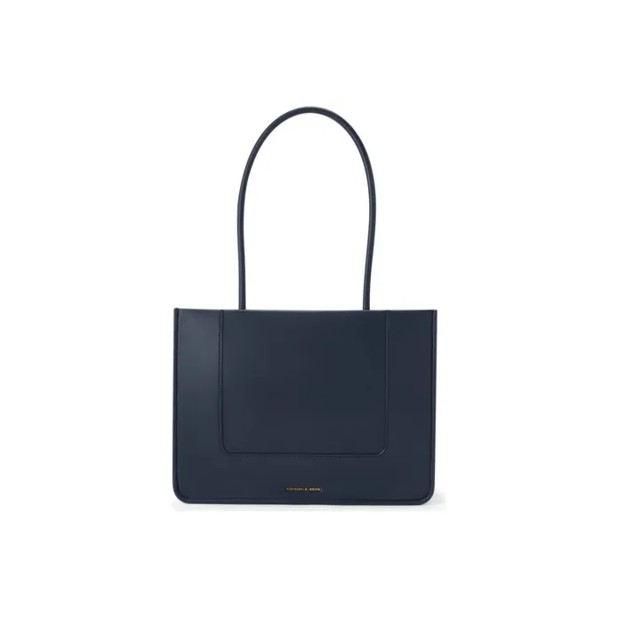 CHARLES&KEITH Embossed Leather Tote Bag, Shopping Bag, Shoulder Bag Women's Cream Milk White/Navy Blue/Orange