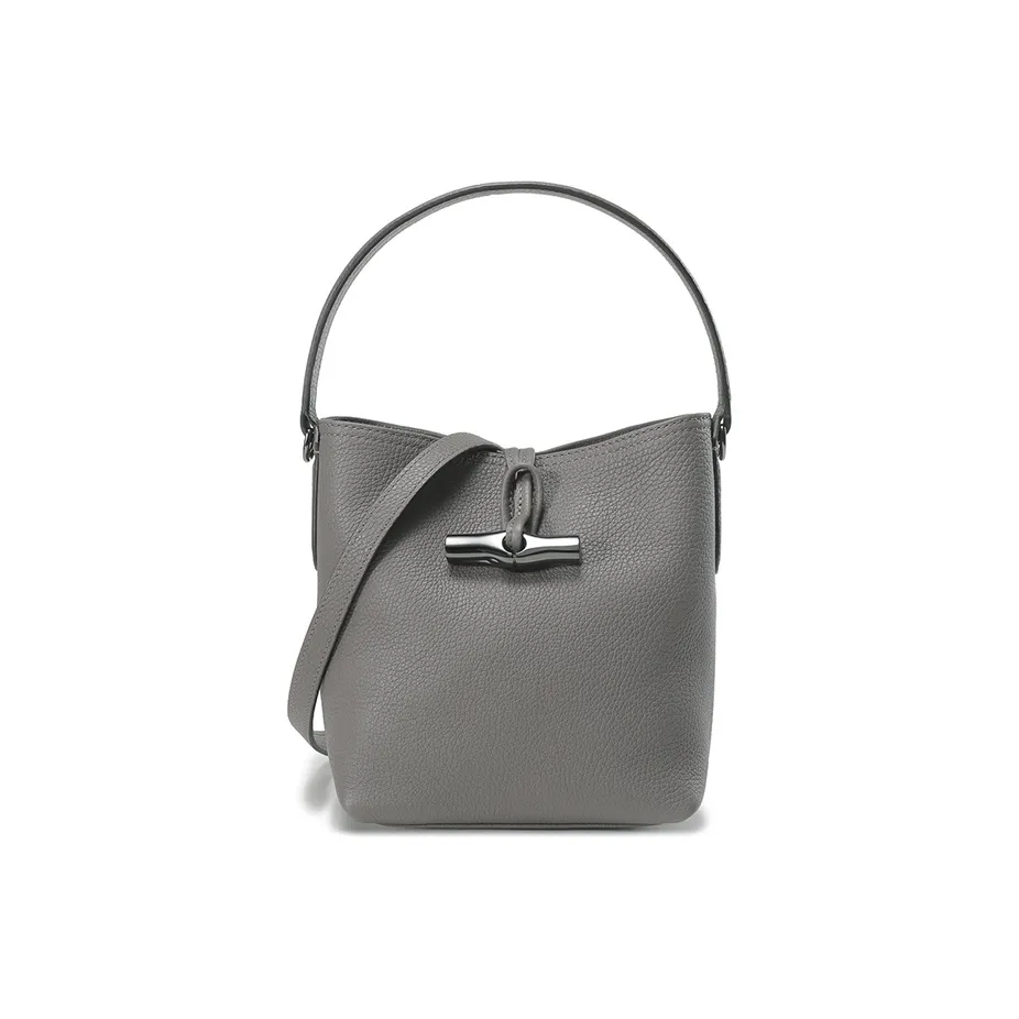 LONGCHAMP Roseau Essential Cow Leather Bucket Bag, One Shoulder Handbag Mini Women's Gray