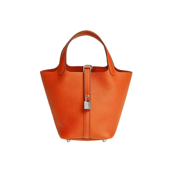 HERMES Picotin Lock Clemence Bullock Leather Basket Bag, Bucket Bag, Handbag 18 Women's 9J Feu Flame Orange