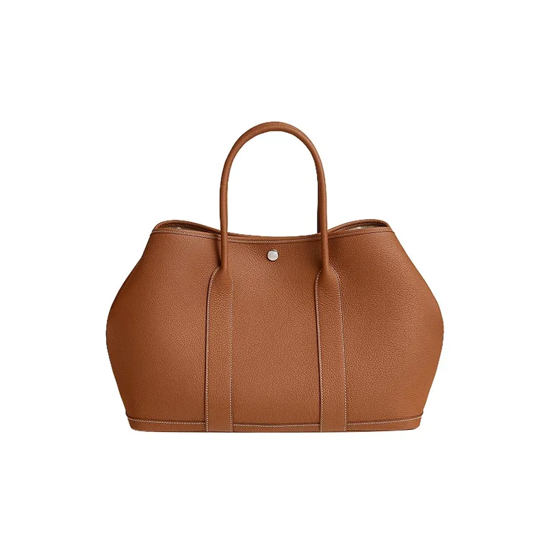 HERMES Garden Party Negonda Calfskin Herringbone Canvas Lining Garden Bag Handbag Small Size Unisex 37 Gold Gold Brown
