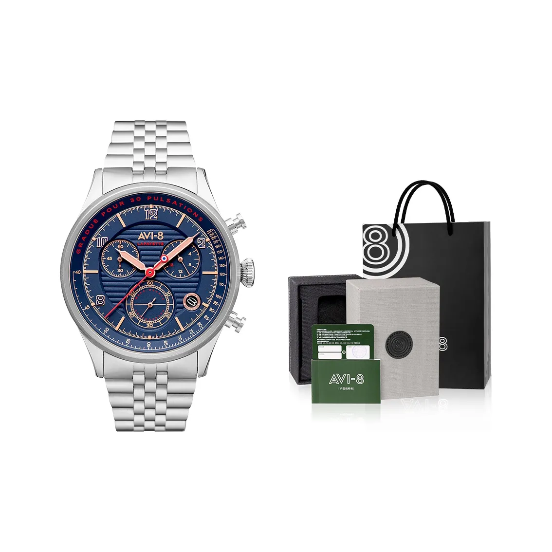 AVI 8 Lafayette Chronograph Dial Collection Часы Кварцевый механизм Нержавеющая сталь Ремешок 42 мм Синий циферблат