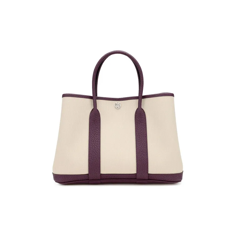 HERMES Garden Party Canvas With Leather Garden Bag Handbag Unisex Glacier White/Blackcurrant