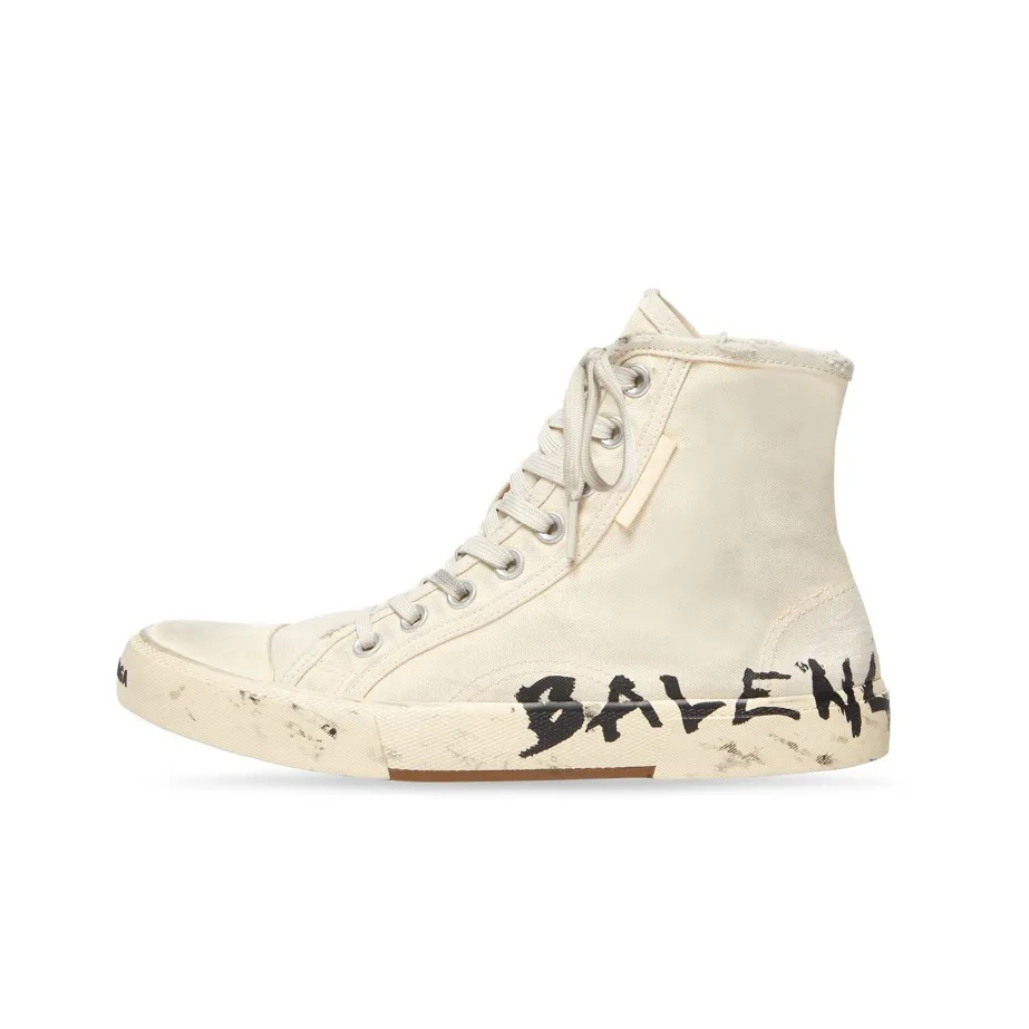 Balenciaga Paris High Top Sneakers 'White Destroyed Cotton And White Rubber With Graffiti'