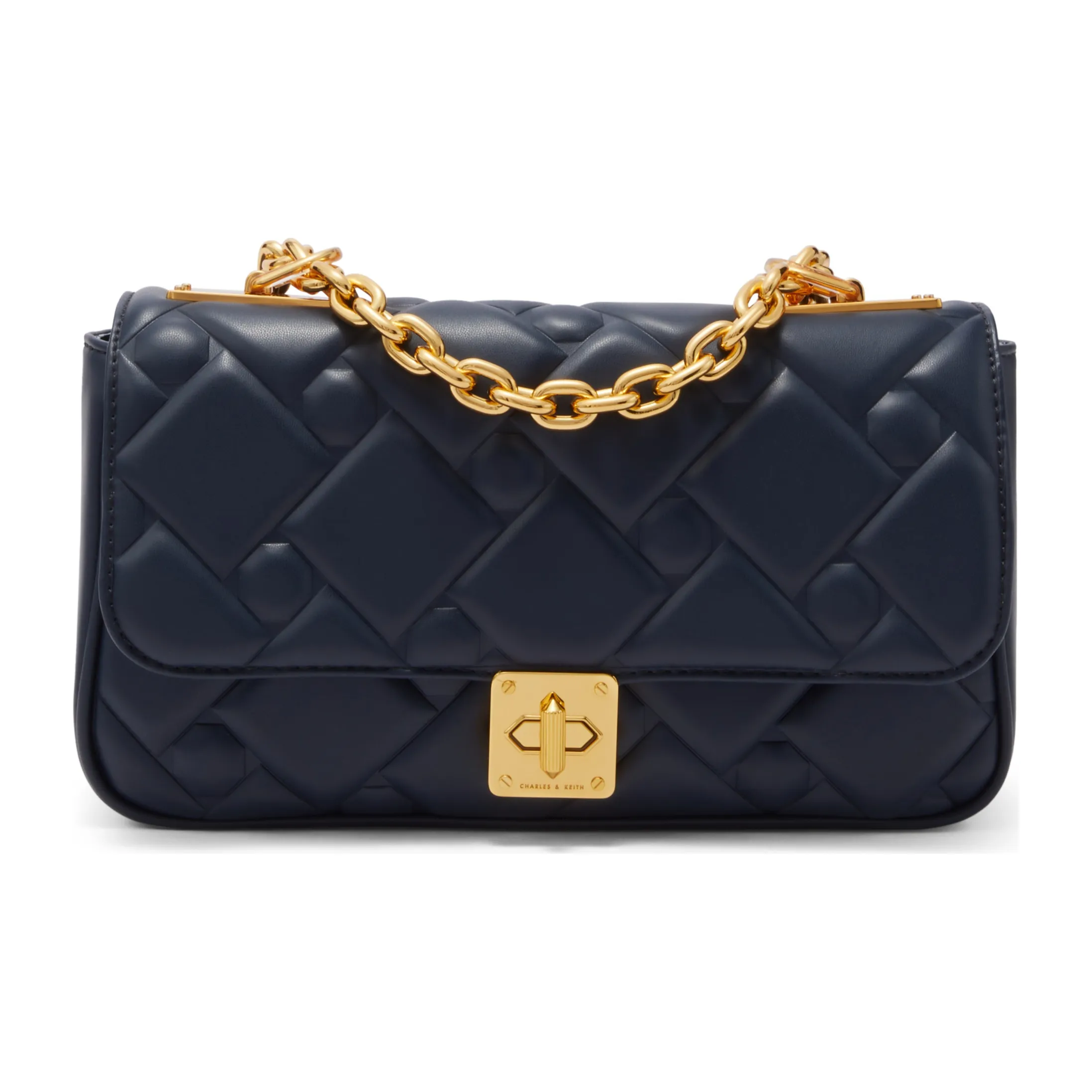 CHARLES&KEITH Fabric Small Square Bag Shoulder Bag Medium Size Women's Cream Milk White/Navy Navy Blue/Green Green