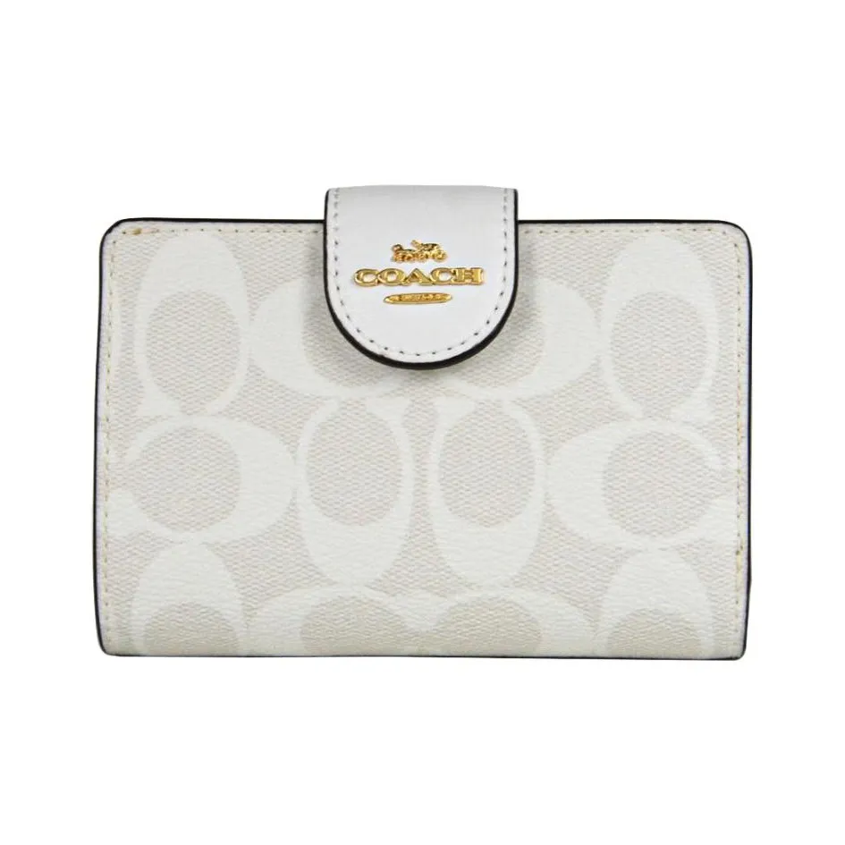 COACH Corner Zip Coated Canvas With Smooth Leather Card Holder, Wallet Women's Gold/Chalk/Glacier White