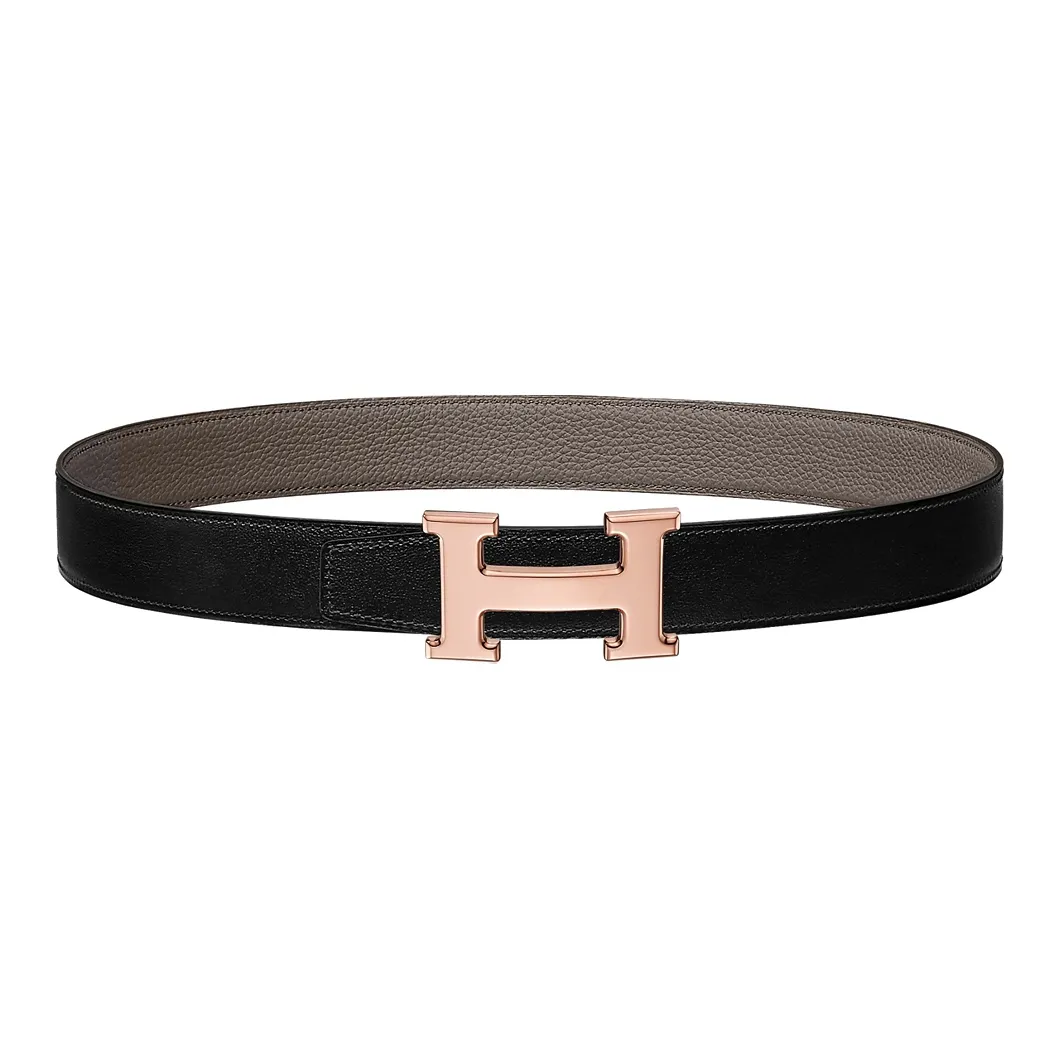 HERMES H Shaped Pattern Decoration anthracite Gold Buckle Togo Calfskin Double Sided Leather Belt Unisex Black Width  3.2cm