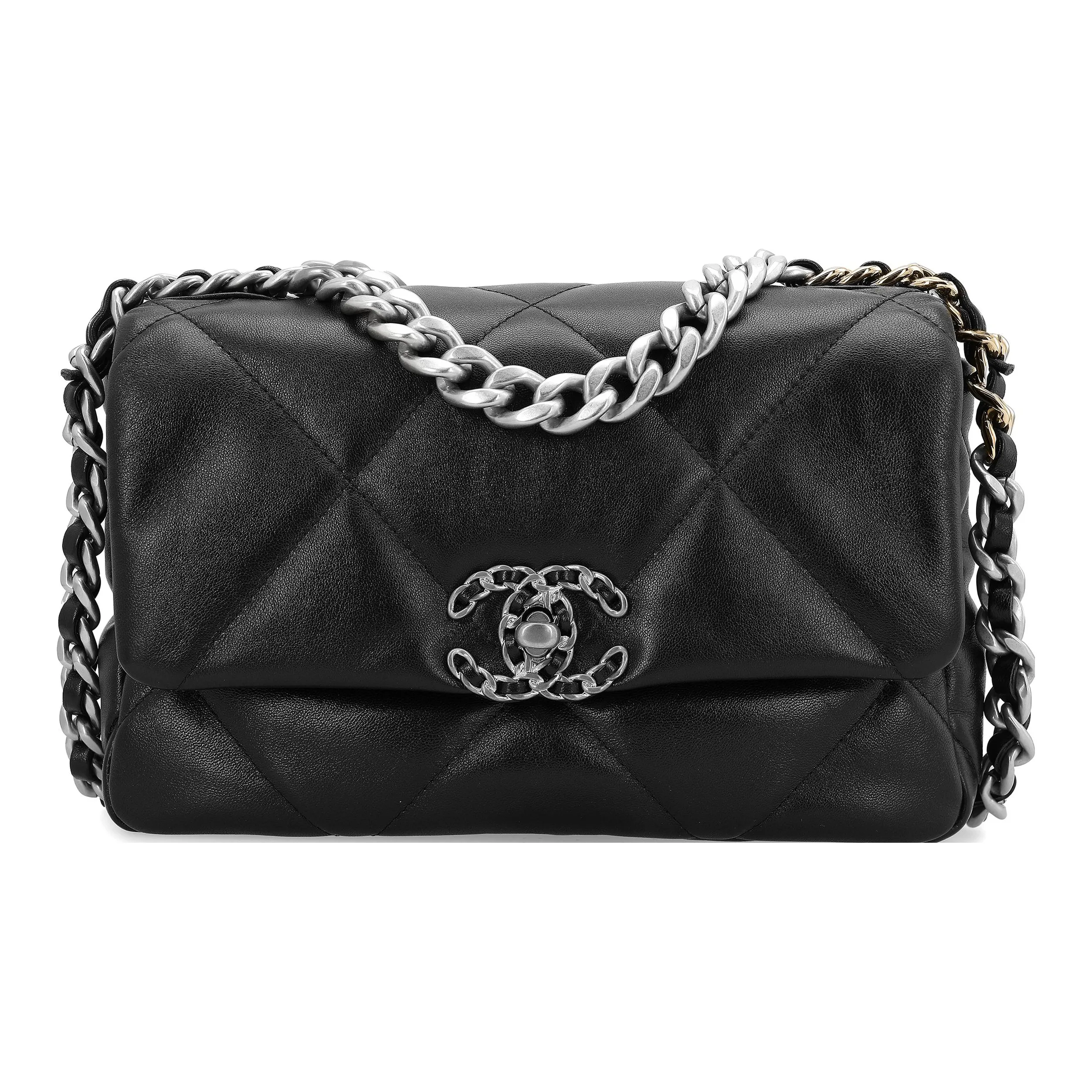 CHANEL 19Bag Sheepskin Flap Bag Crossbody Bag Trumpets Women's Black Silver