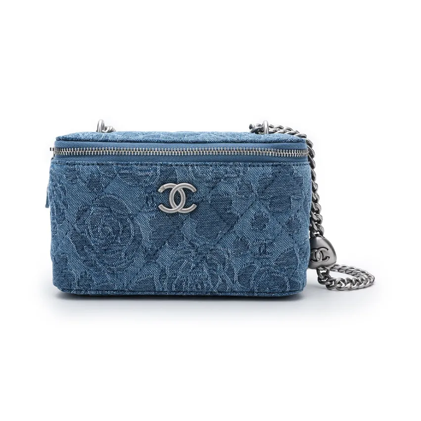 CHANEL 23P SS Cow Leather Denim Box Bag Makeup Bag Shoulder Bag Crossbody Bag Small Size Women's Washable Blue