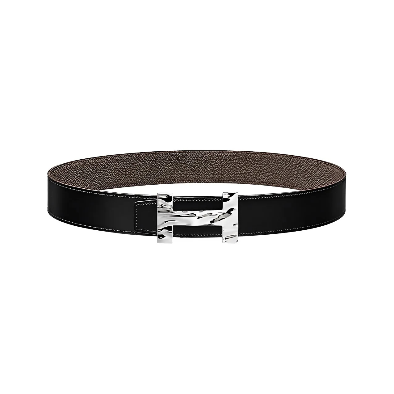 HERMES Quizz H2O Silver Buckle Togo Calfskin Double Sided Leather Belt Men's Black Width  3.8cm