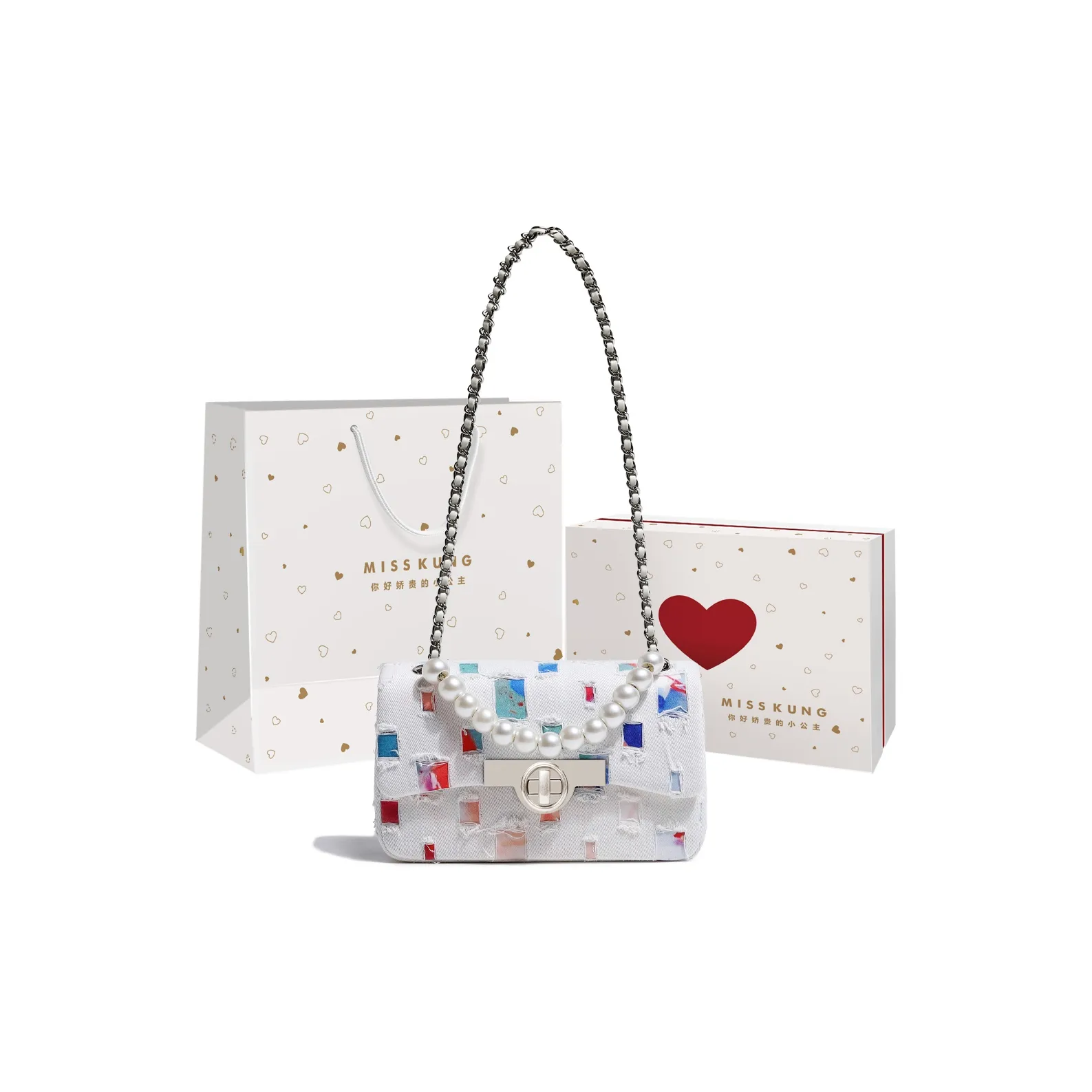 Miss Kung Деним Сумка с цепочкой Жемчужная Сумка Сумка с клапаном Сумка на плечо Маленькая Женская Белая