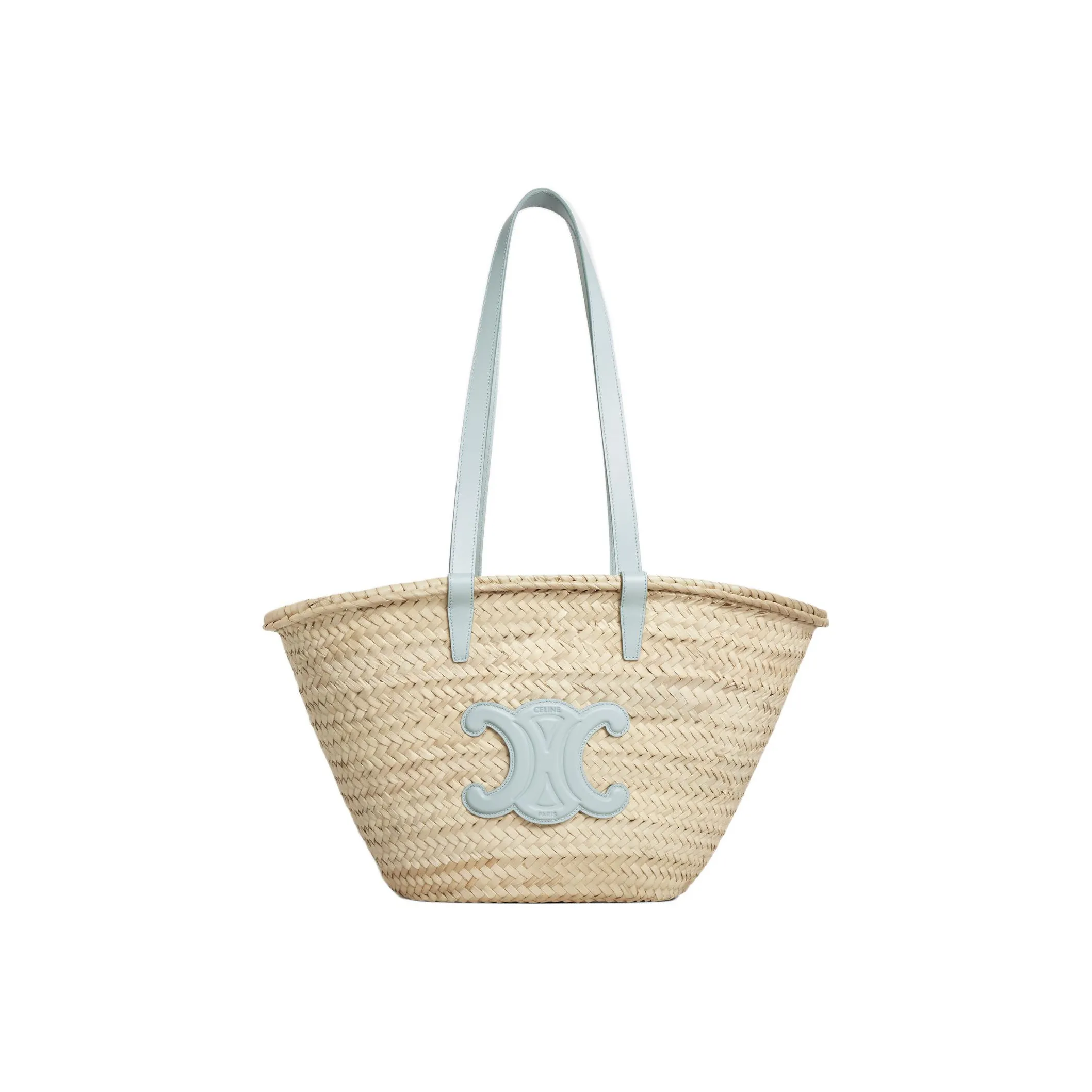 CELINE Triomphe Palm Leaf With Calfskin Trim Basket Bag, Handbag, Shoulder Bag Medium Size Women's Soft Blue