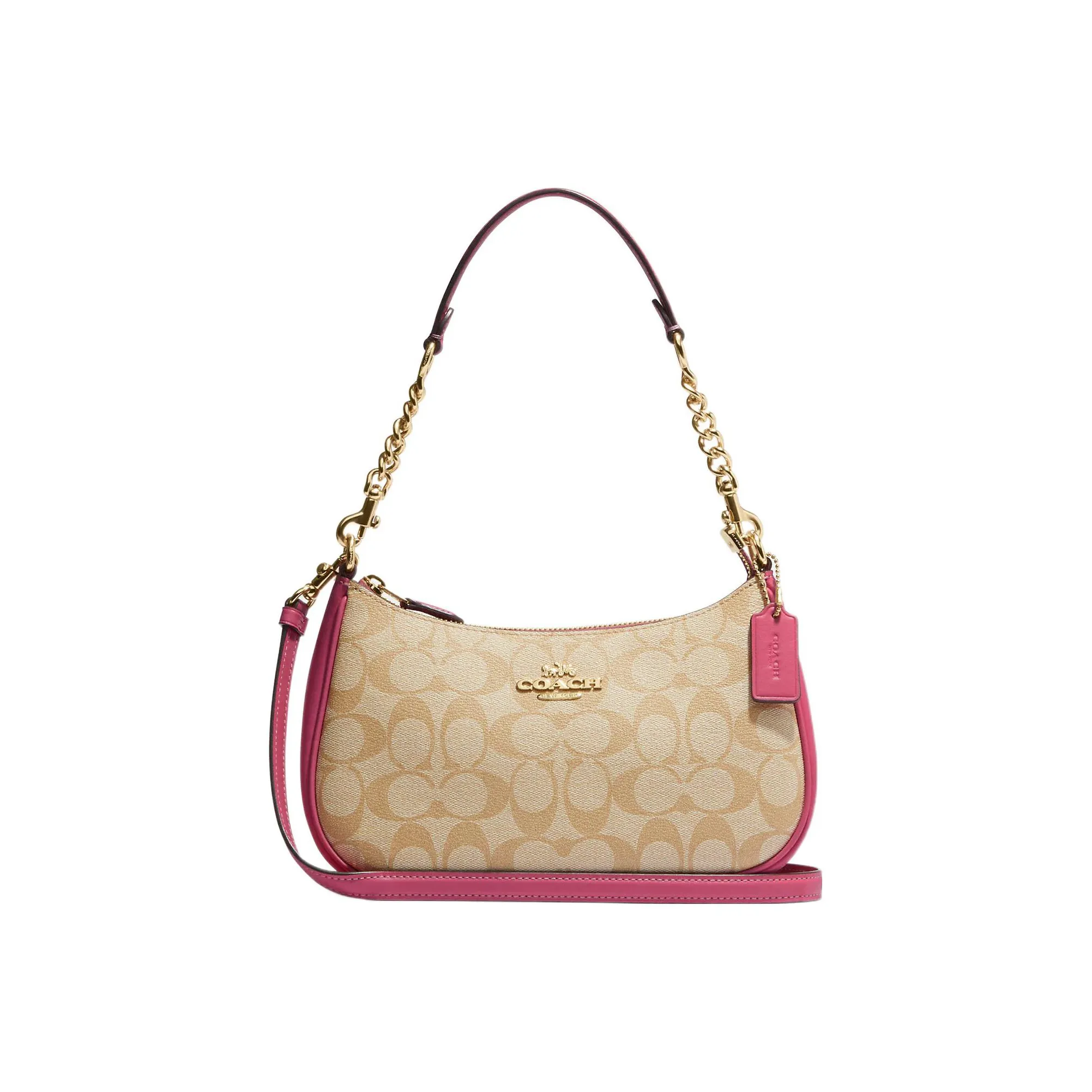 COACH Teri Canvas With Leather Shoulder Bag, Saddle Bag, Crossbody Bag Medium Size Women's Brown & Pink