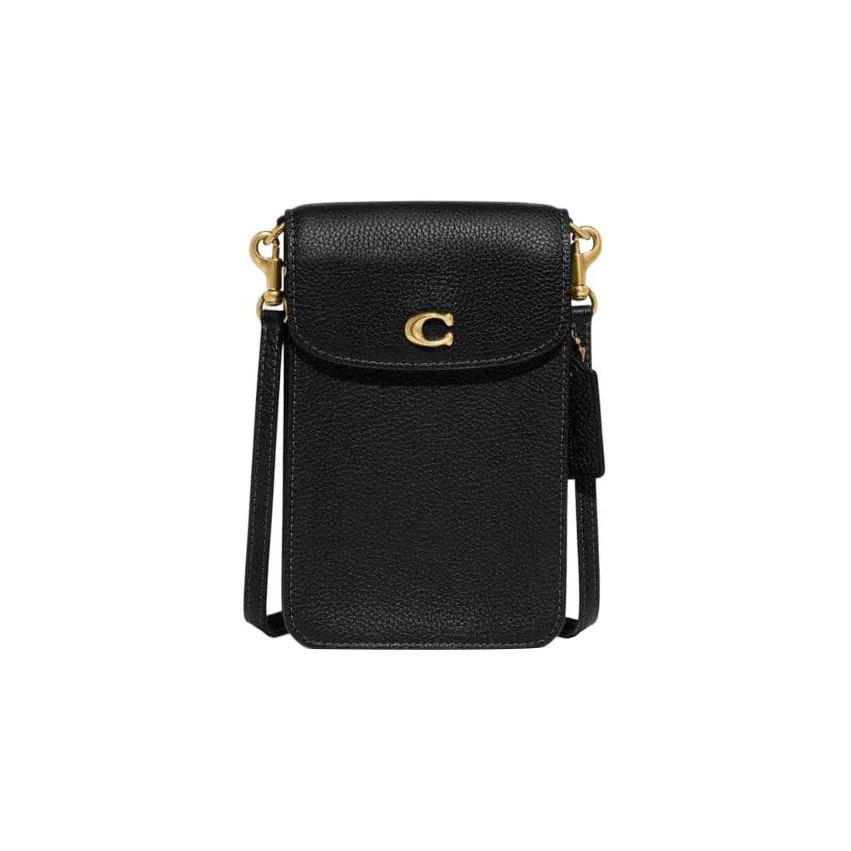 COACH Pebbled Leather Cell Phone Pouch, Shoulder Bag, Crossbody Bag Mini Women's Black