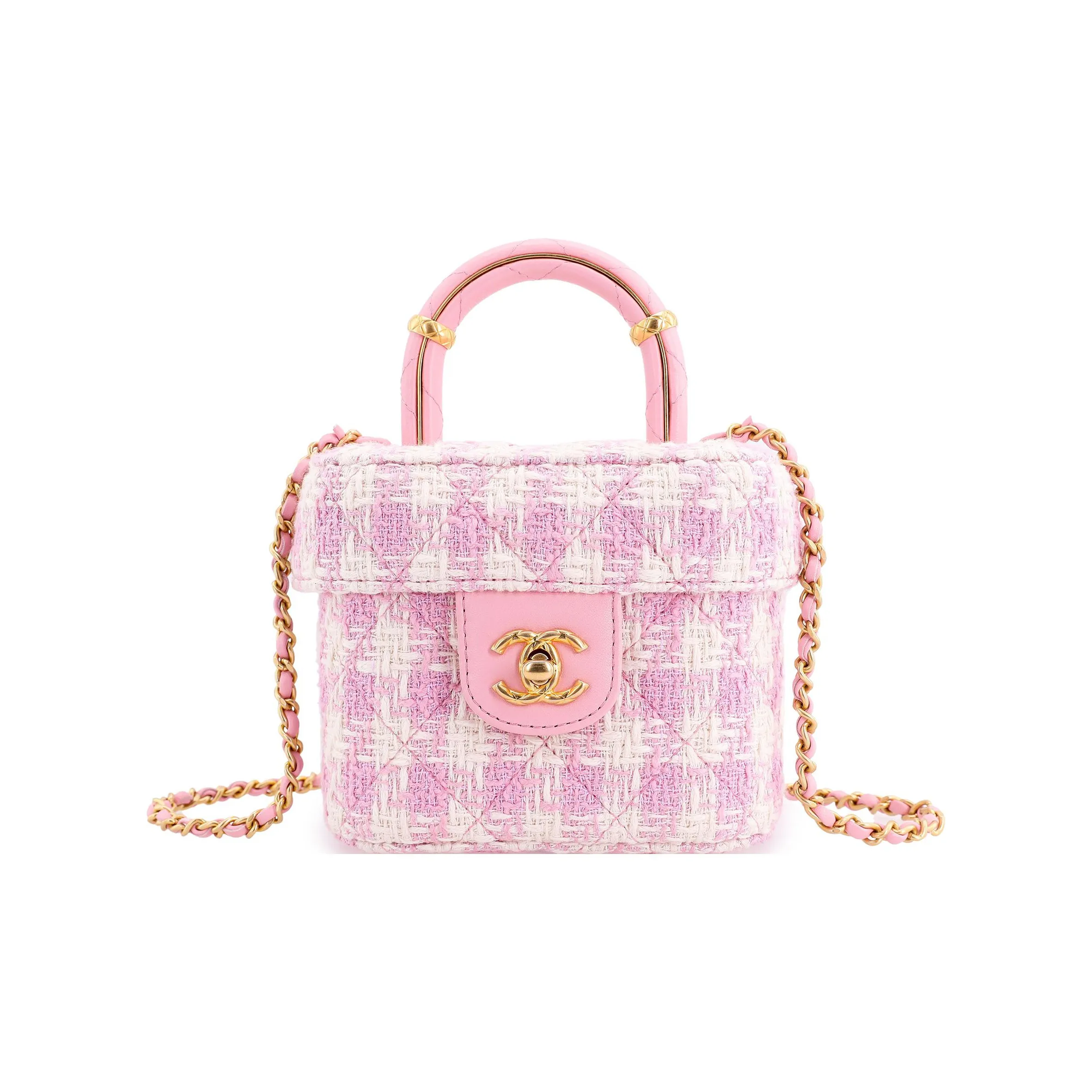 CHANEL Lambskin And Tweed Blend Portable One Shoulder Crossbody Makeup Bag Small Size Women's Pink/White
