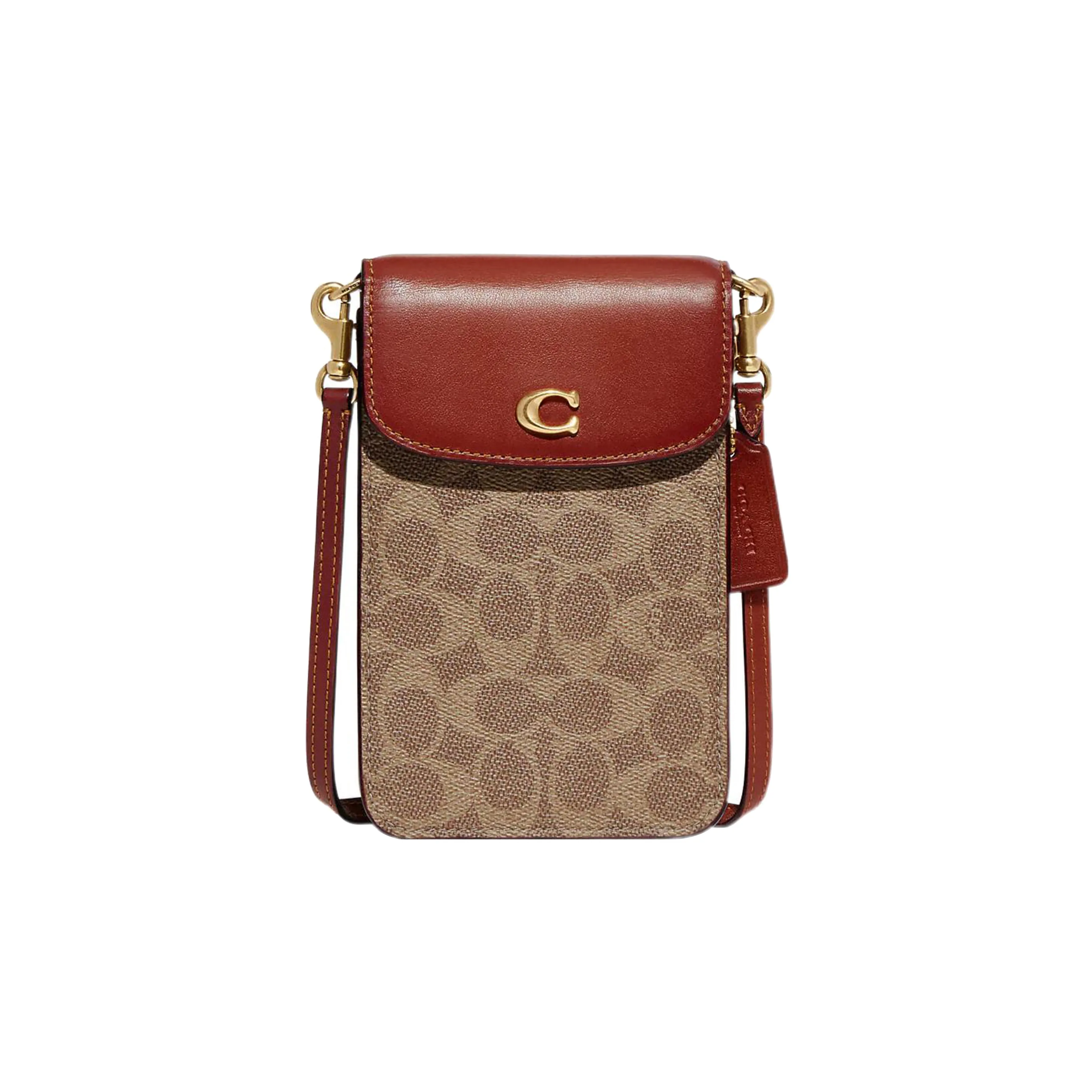 COACH Canvas With Calfskin Cell Phone Pouch, Shoulder Bag, Crossbody Bag Mini Women's Brown & Dark Rosewood