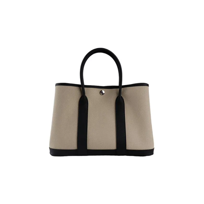 HERMES Garden Party Canvas With Leather Canvas Bag, Garden Bag, Handbag Regular Unisex Cement Gray & Black