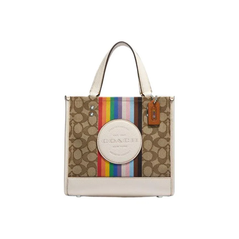 COACH Dempsey Ткань с кожаными вставками Тоут Сумка Сумка для покупок Тоут Сумка Сумка на плечо Сумка Маленькая Женская Коричневая и Белая