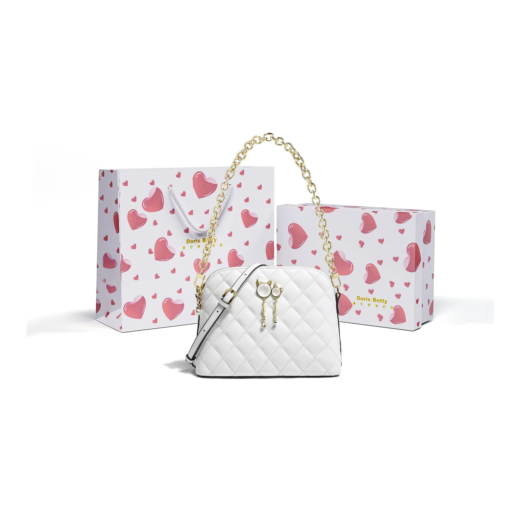 DORIS BETTY PU Dome Bag Chain Bag Shoulder Bag Crossbody Bag Small Size Women's Diamond Pattern White