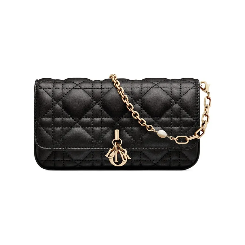 DIOR Lady Dior Wicker Pattern Sheepskin Handheld Shoulder Bag Crossbody Bag Cell Phone Pouch Regular Women's Black