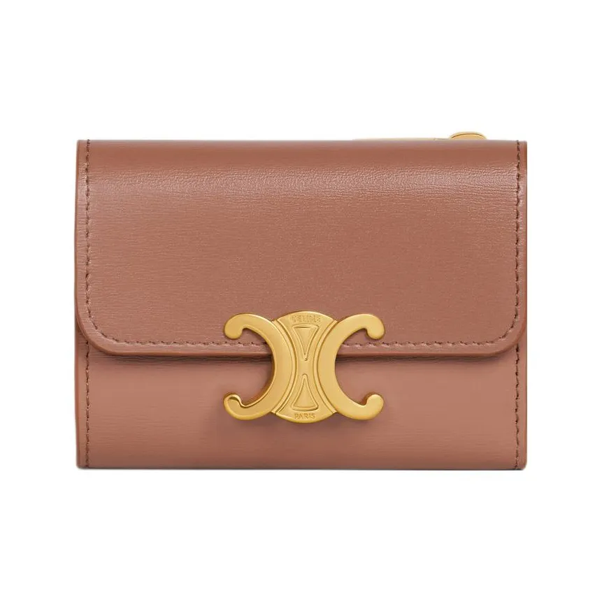CELINE Triomphe Shiny Cow Leather Wallet Women's Coffee Brown