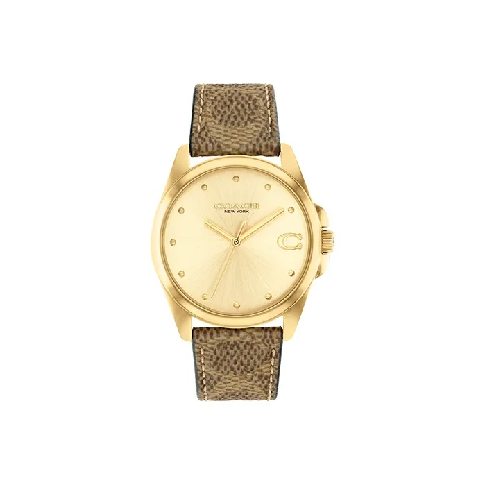 COACH GREYSON Collection Women's Watch Кварцевый механизм Кожаный ремешок 36 мм Золотой циферблат