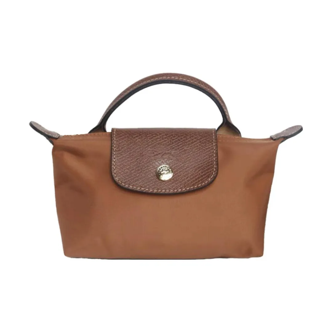 LONGCHAMP Le Pliage Canvas With Leather Makeup Bag Dumpling Bag Clutch Handbag Regular Women's Brandy Color